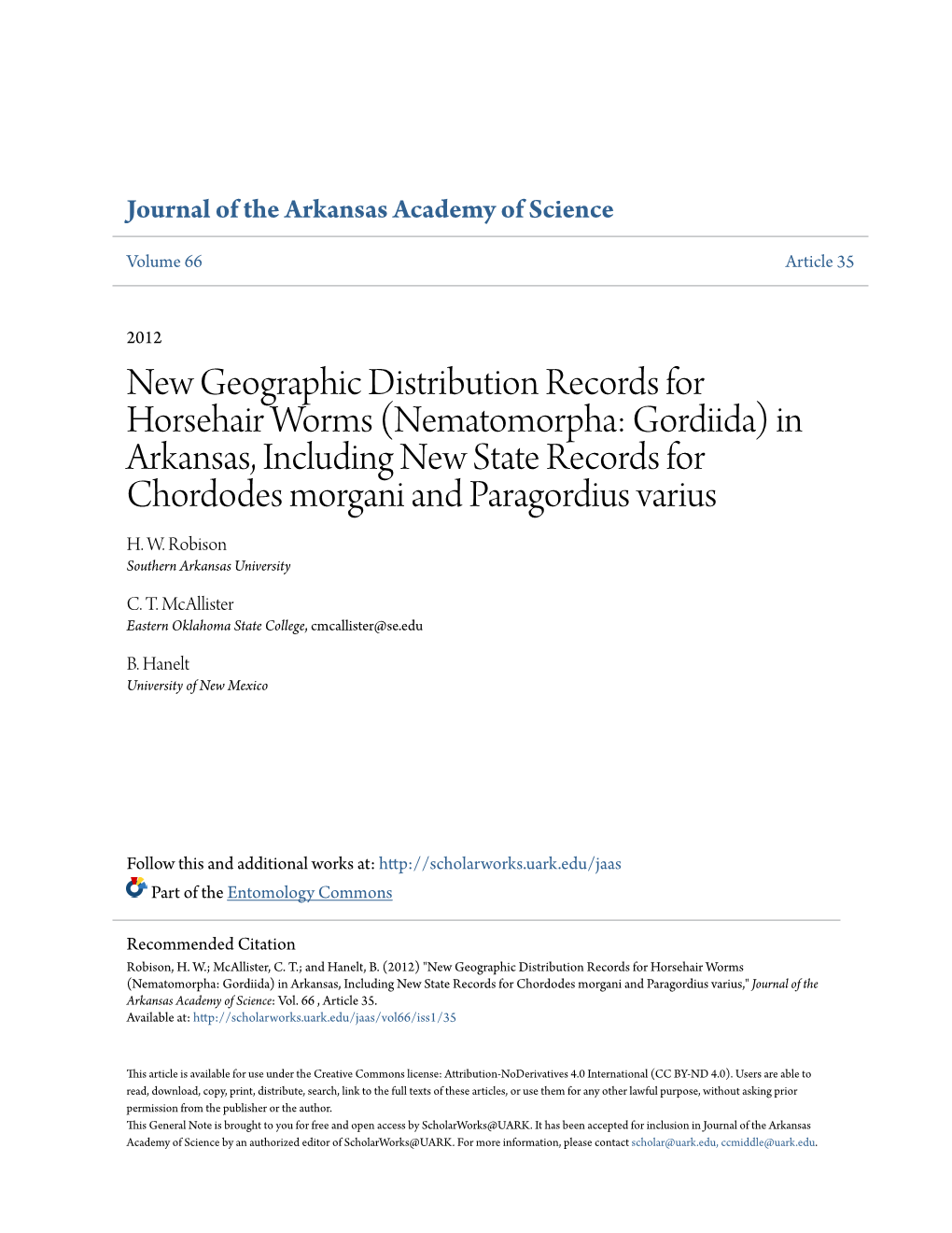 New Geographic Distribution Records for Horsehair Worms (Nematomorpha: Gordiida) in Arkansas, Including New State Records for Ch