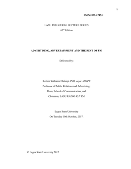 ISSN: 0794-7453 LASU INAUGURAL LECTURE SERIES 63Rd Edition
