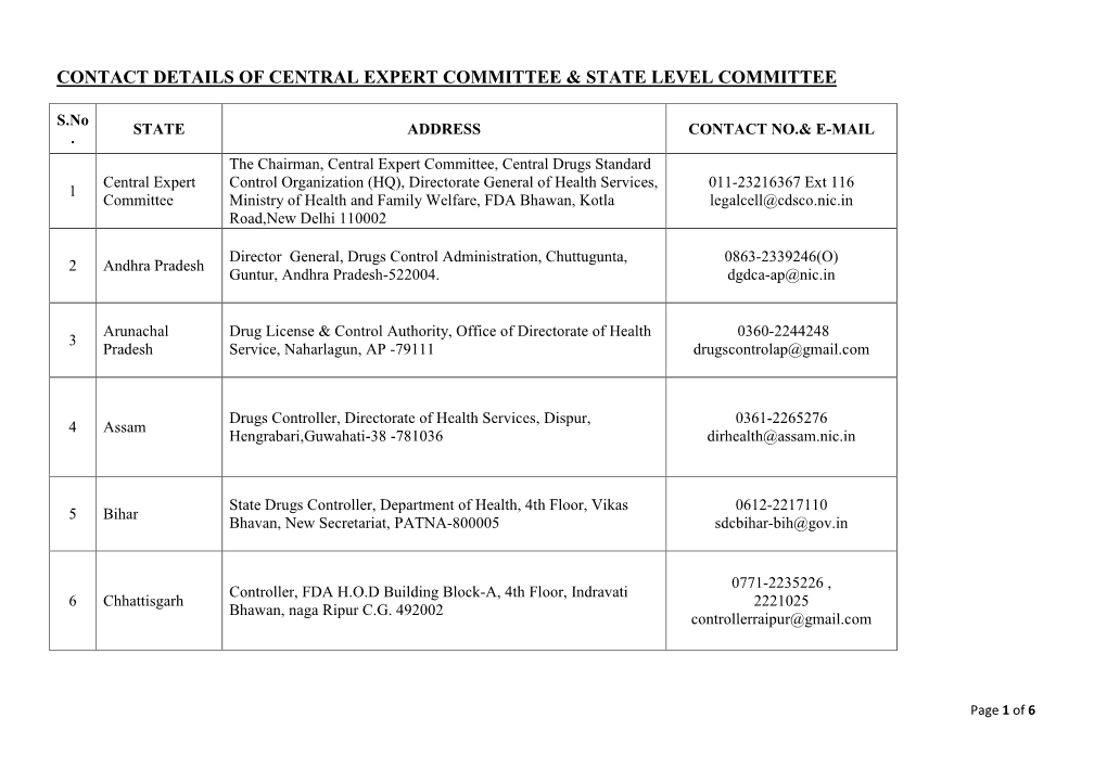 Contact Details of Central Expert Committee & State