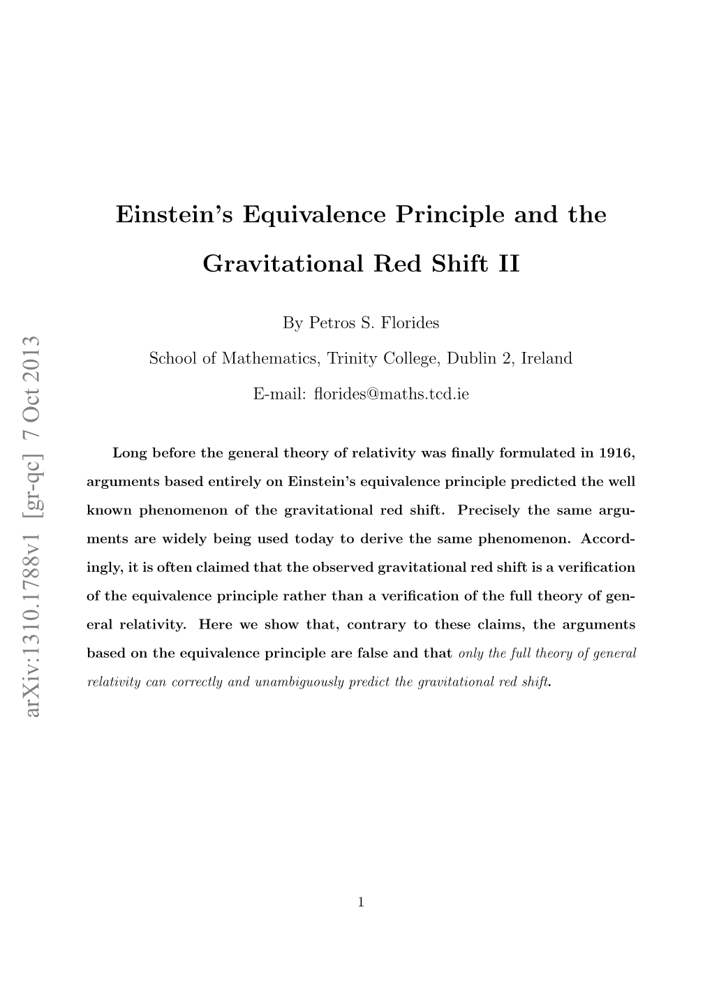 Einstein's Equivalence Principle and the Gravitational Red Shift II Arxiv