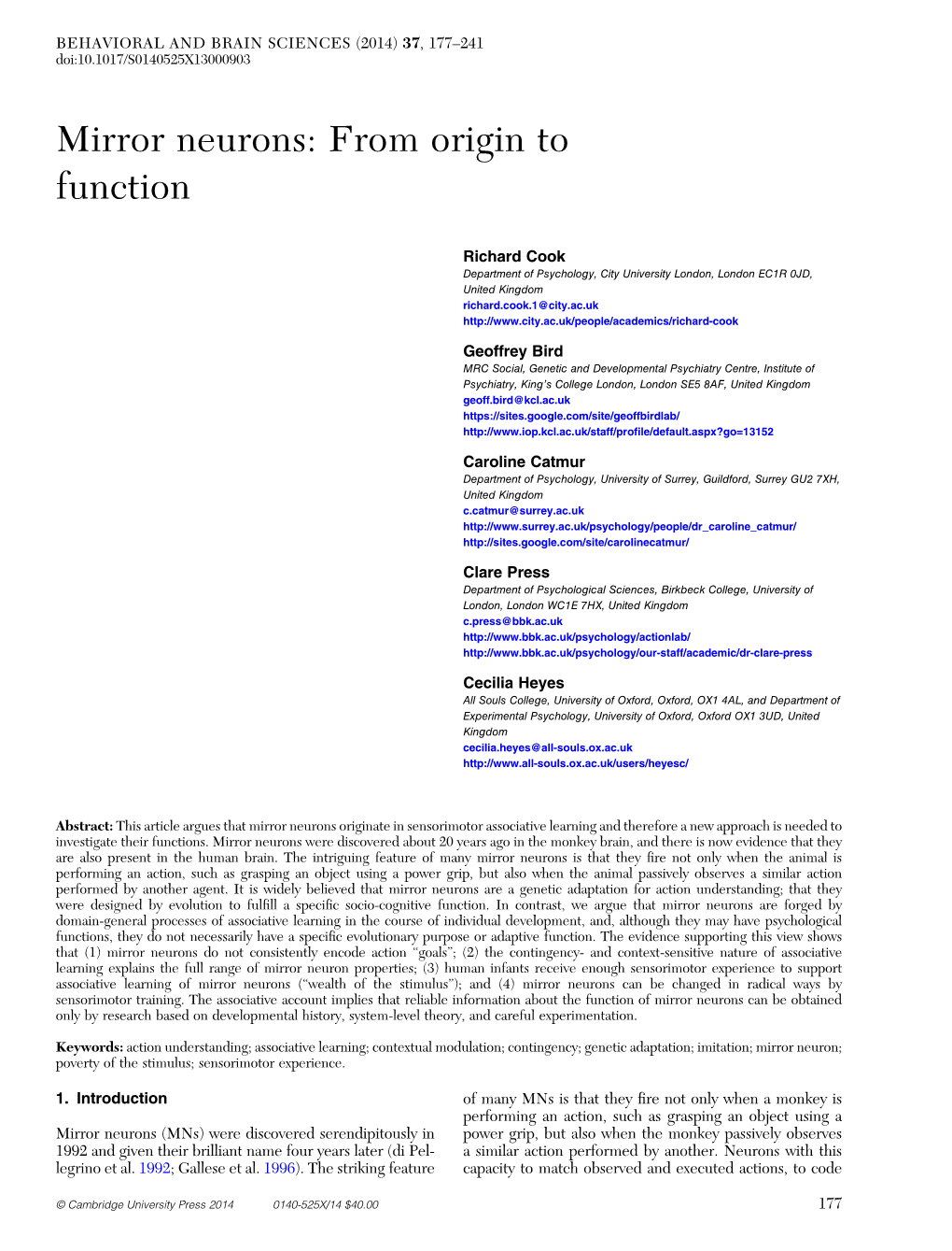 Mirror Neurons: from Origin to Function