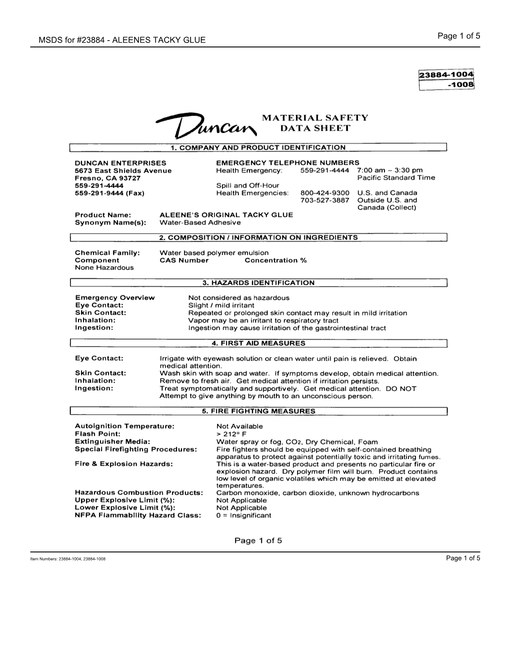 Page 1 of 5 MSDS for #23884 - ALEENES TACKY GLUE Page 2 of 5