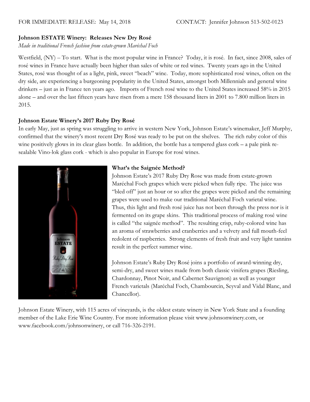 Releases New Dry Rosé Made in Traditional French Fashion from Estate-Grown Maréchal Foch Westfield, (NY) – to Start