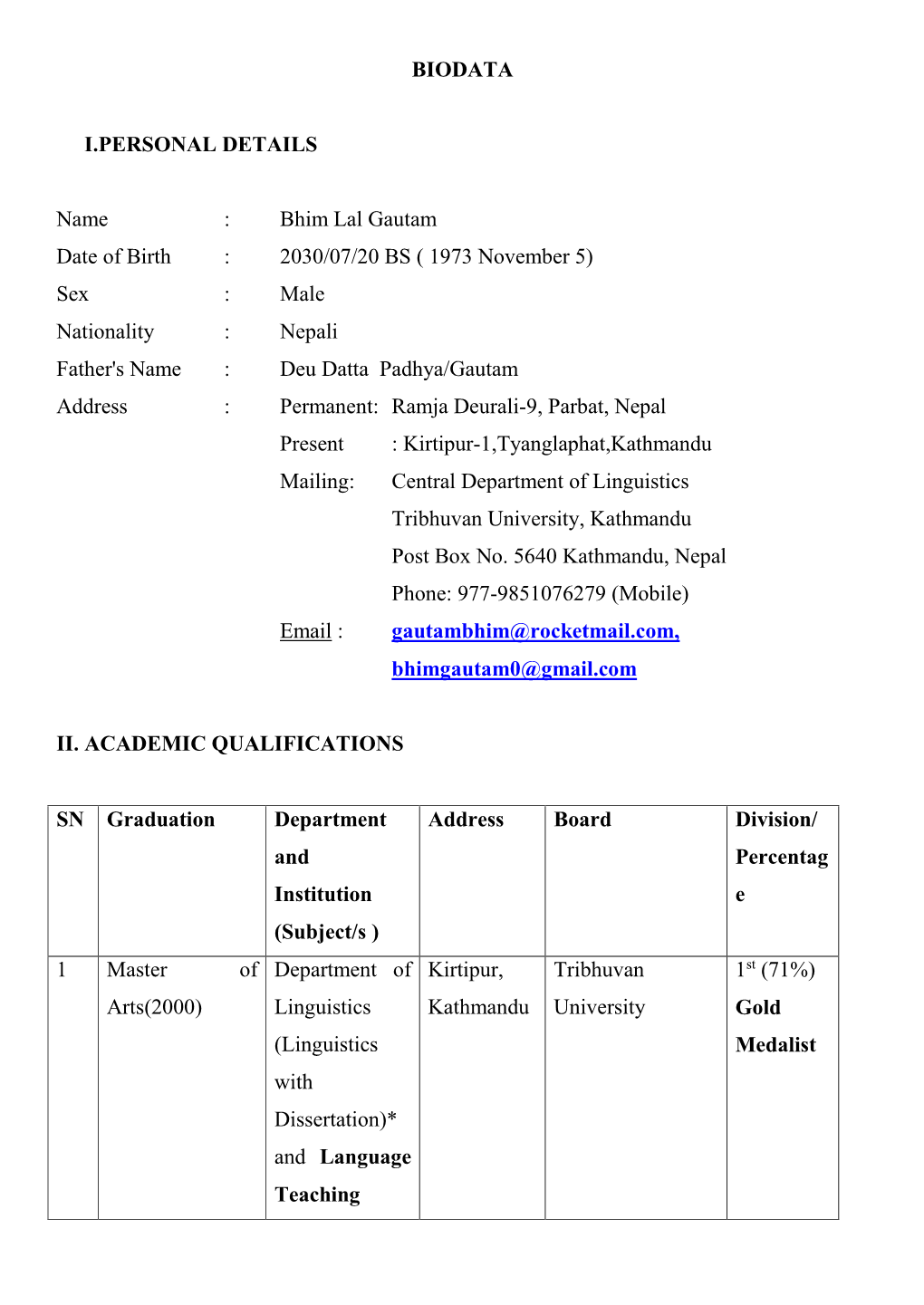 Bhim Lal Gautam Date of Birth