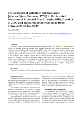 The Research of Wild Bees and Honeybee (Apis Mellifera Linnaeus, 1758) in the Selected Localities of Protected Area Štiavnica H