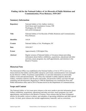 Finding Aid for the National Gallery of Art Records of Public Relations and Communication, Press Releases, 1939-2017