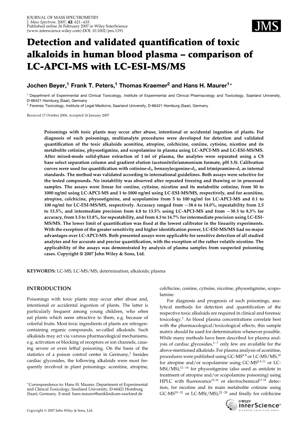 Detection and Validated Quantification of Toxic Alkaloids in Human Blood