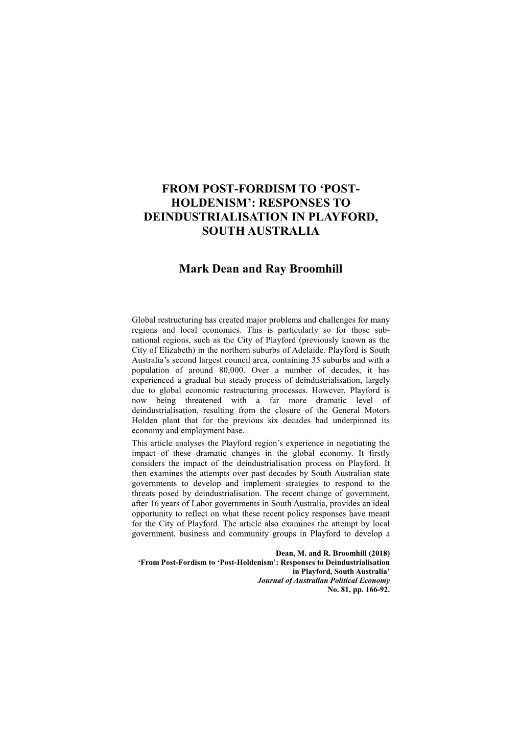 From Post-Fordism to ‘Post- Holdenism’: Responses to Deindustrialisation in Playford, South Australia