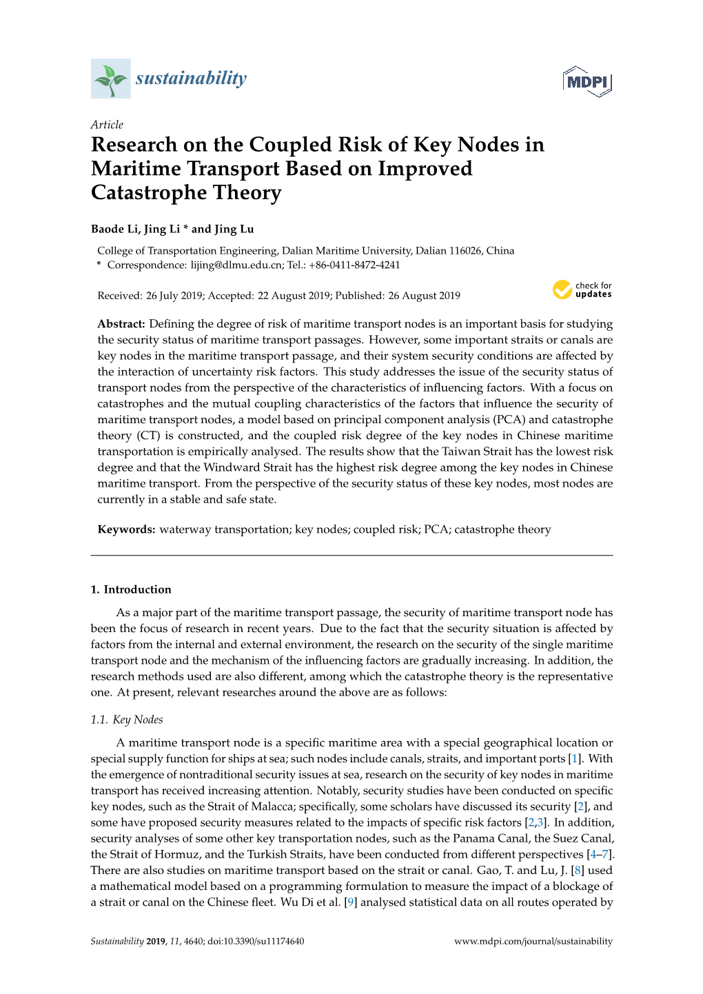 Research on the Coupled Risk of Key Nodes in Maritime Transport Based on Improved Catastrophe Theory