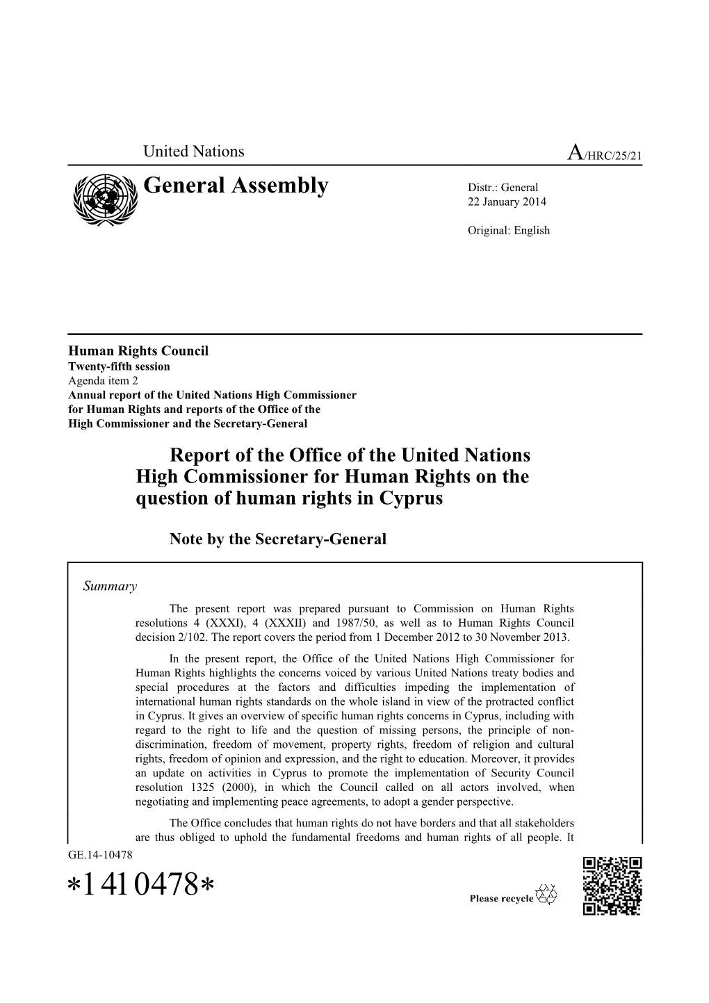 Report of the Office of the United Nations High Commissioner for Human Rights on the Question