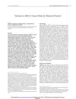 Variation in BRCA1 Cancer Risks by Mutation Position1