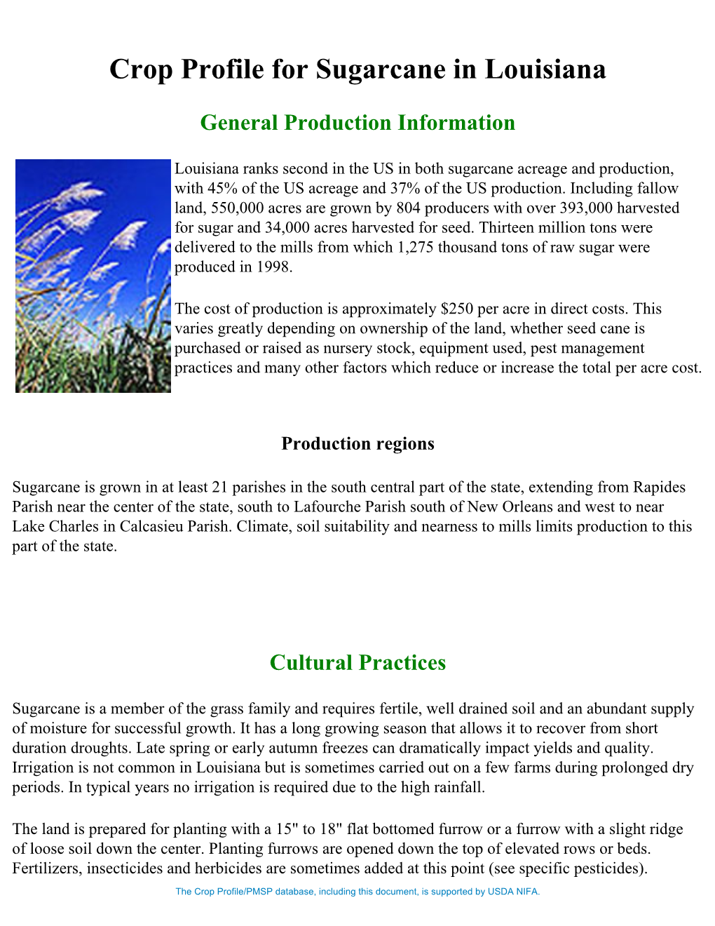 Crop Profile for Sugarcane in Louisiana General Production