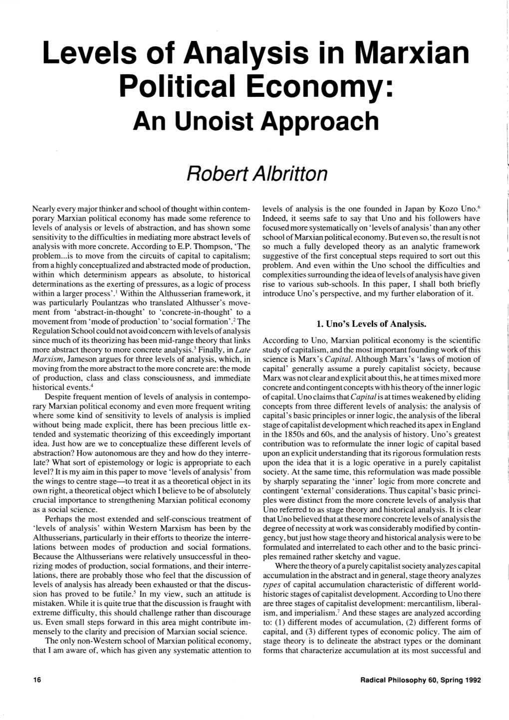 Levels of Analysis in Marxian Political Economy: an Unoist Approach