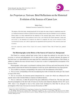 Ius Proprium Ac Nativum: Brief Reflections on the Historical Evolution of the Sources of Canon Law