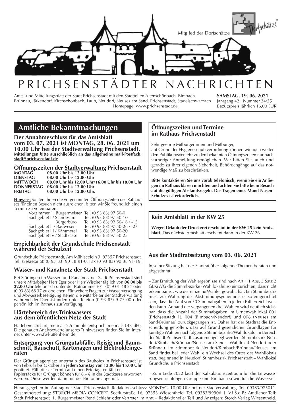 PRICHSENSTÄDTER NACHRICHTEN Amts- Und Mitteilungsblatt Der Stadt Prichsenstadt Mit Den Stadtteilen Altenschönbach, Bimbach, SAMSTAG, 19