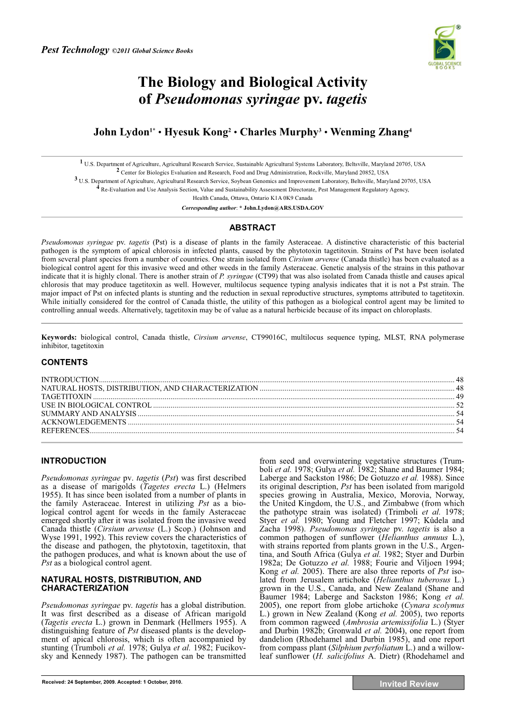 The Biology and Biological Activity of Pseudomonas Syringae Pv. Tagetis John Lydon1* • Hyesuk Kong2 • Charles Murphy3 • Wenming Zhang4