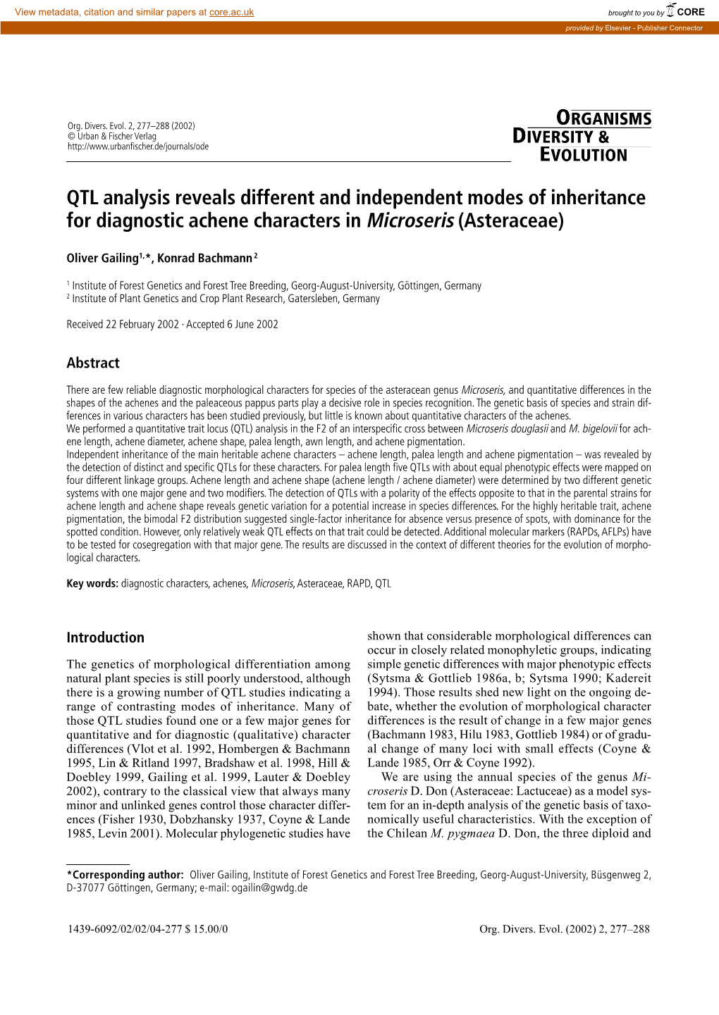 QTL Analysis Reveals Different and Independent Modes of Inheritance for Diagnostic Achene Characters in Microseris (Asteraceae)