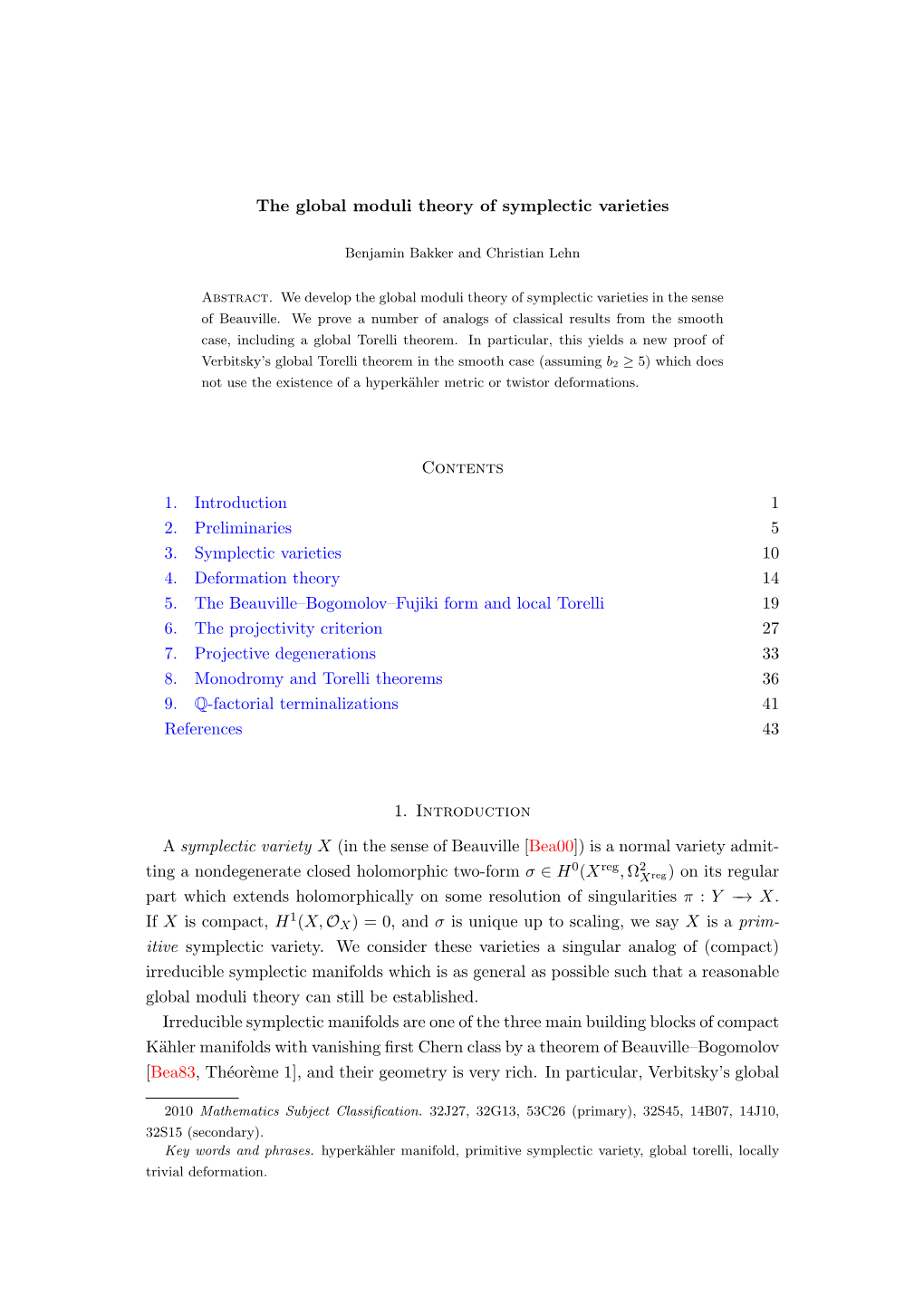 The Global Moduli Theory of Symplectic Varieties Contents 1. Introduction 1
