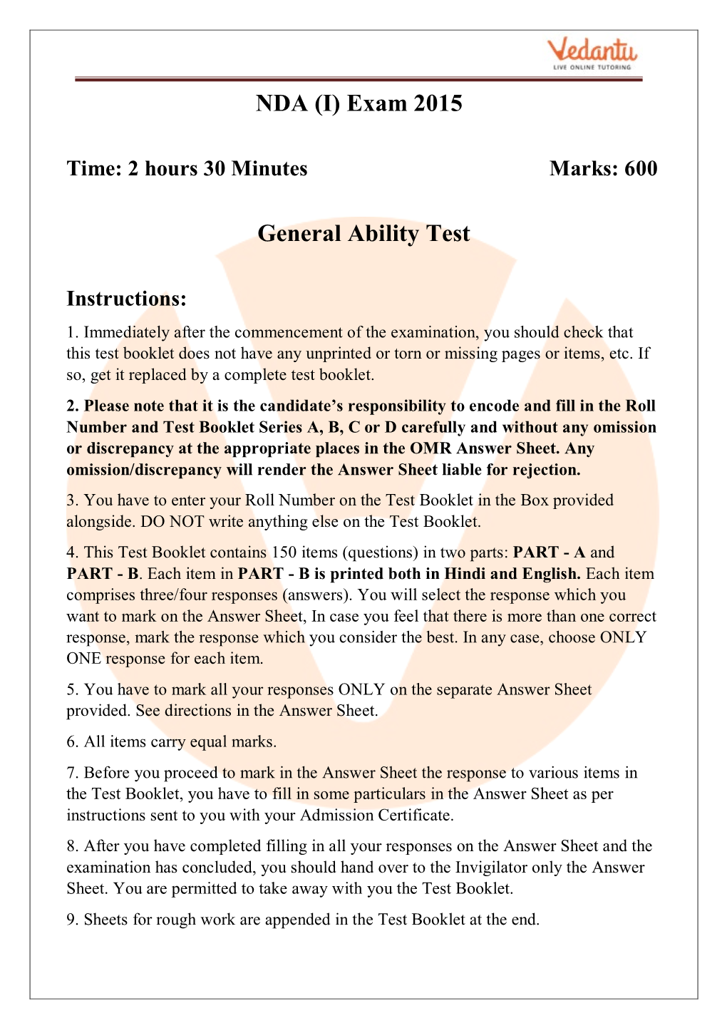 NDA (I) Exam 2015 General Ability Test