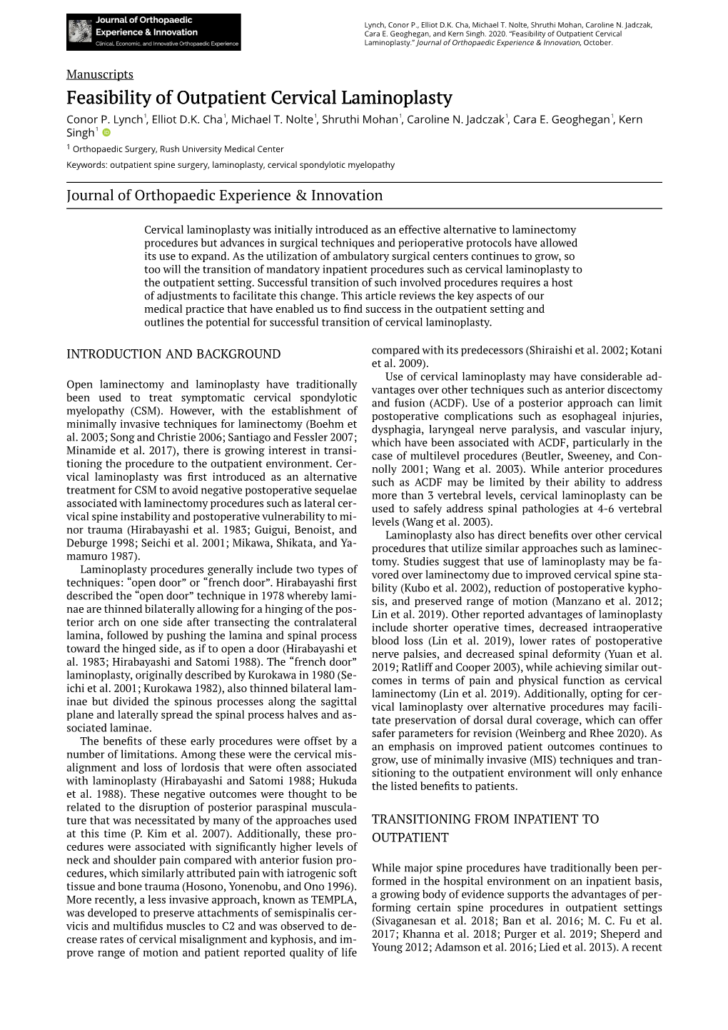 Feasibility of Outpatient Cervical Laminoplasty.” Journal of Orthopaedic Experience & Innovation, October