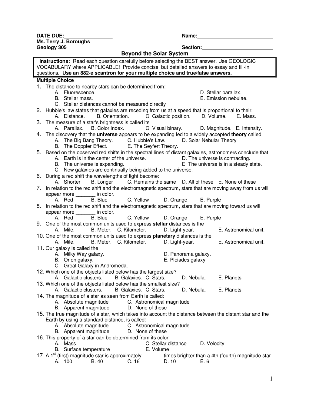 Beyond the Solar System Instructions: Read Each Question Carefully Before Selecting the BEST Answer