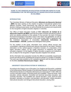 Guide to the Venezuelan Education System and Aspects to Be Considered for the Recognition of Higher Education Degrees in Colombia