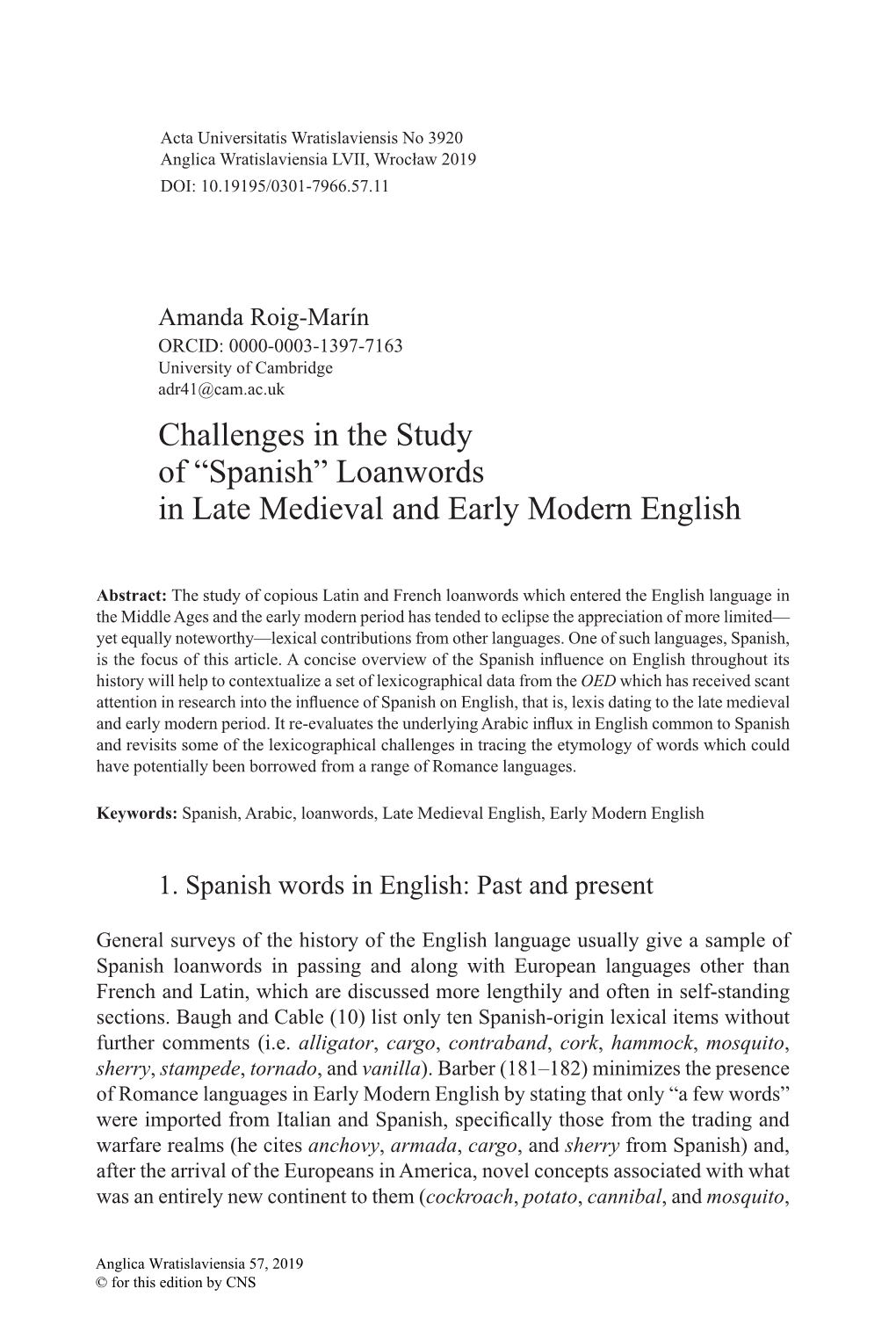 “Spanish” Loanwords in Late Medieval and Early Modern English