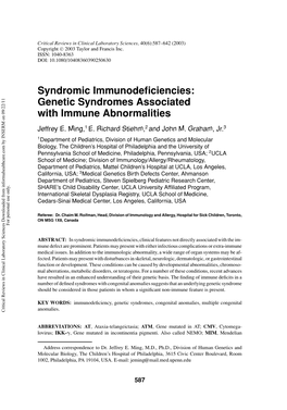 Genetic Syndromes Associated with Immune Abnormalities