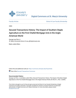 Secured Transactions History: the Impact of Southern Staple Agriculture on the First Chattel Mortgage Acts in the Anglo- American World