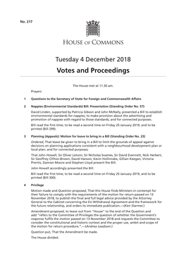 4 December 2018 Votes and Proceedings
