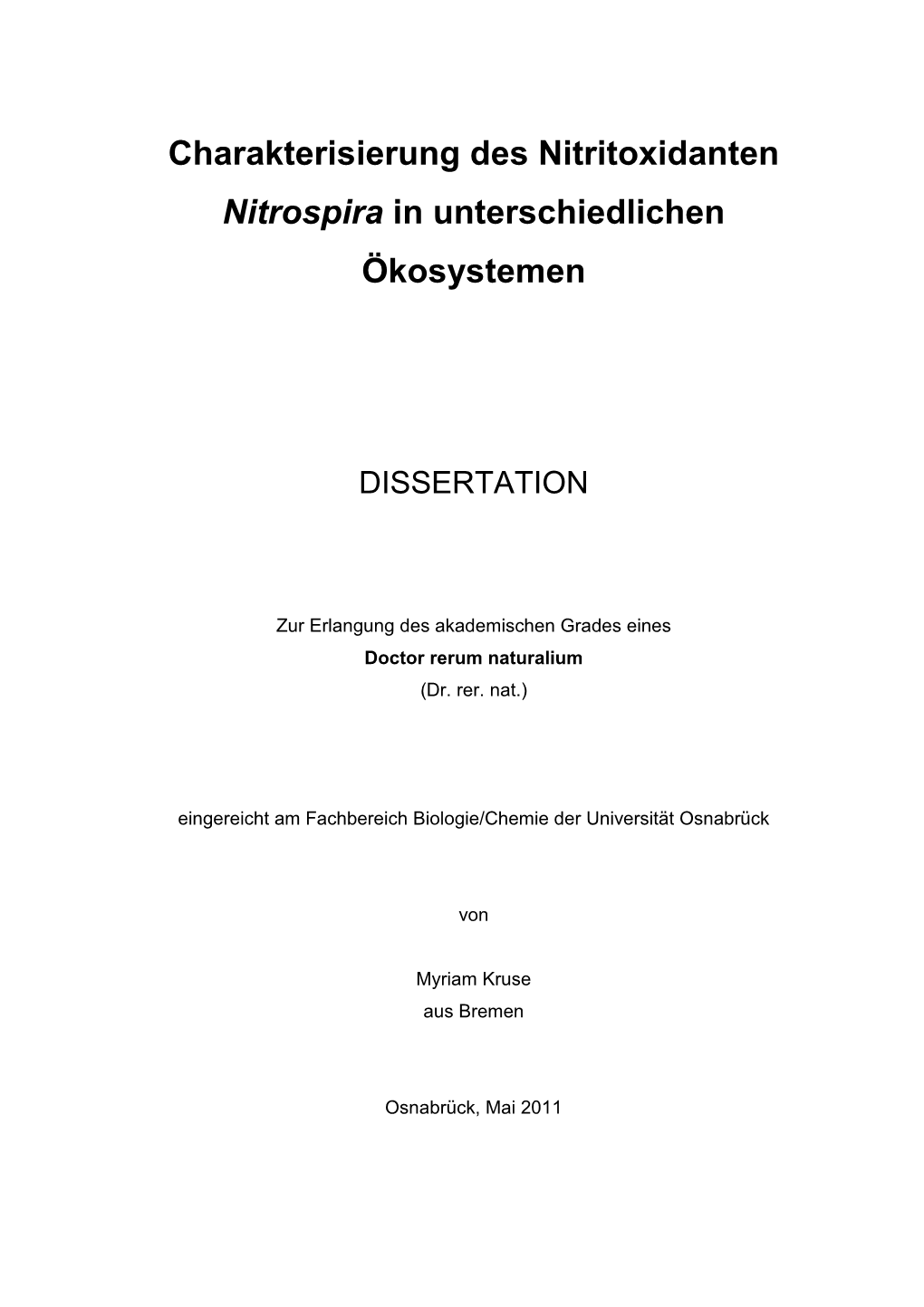 Charakterisierung Des Nitritoxidanten Nitrospira in Unterschiedlichen Ökosystemen