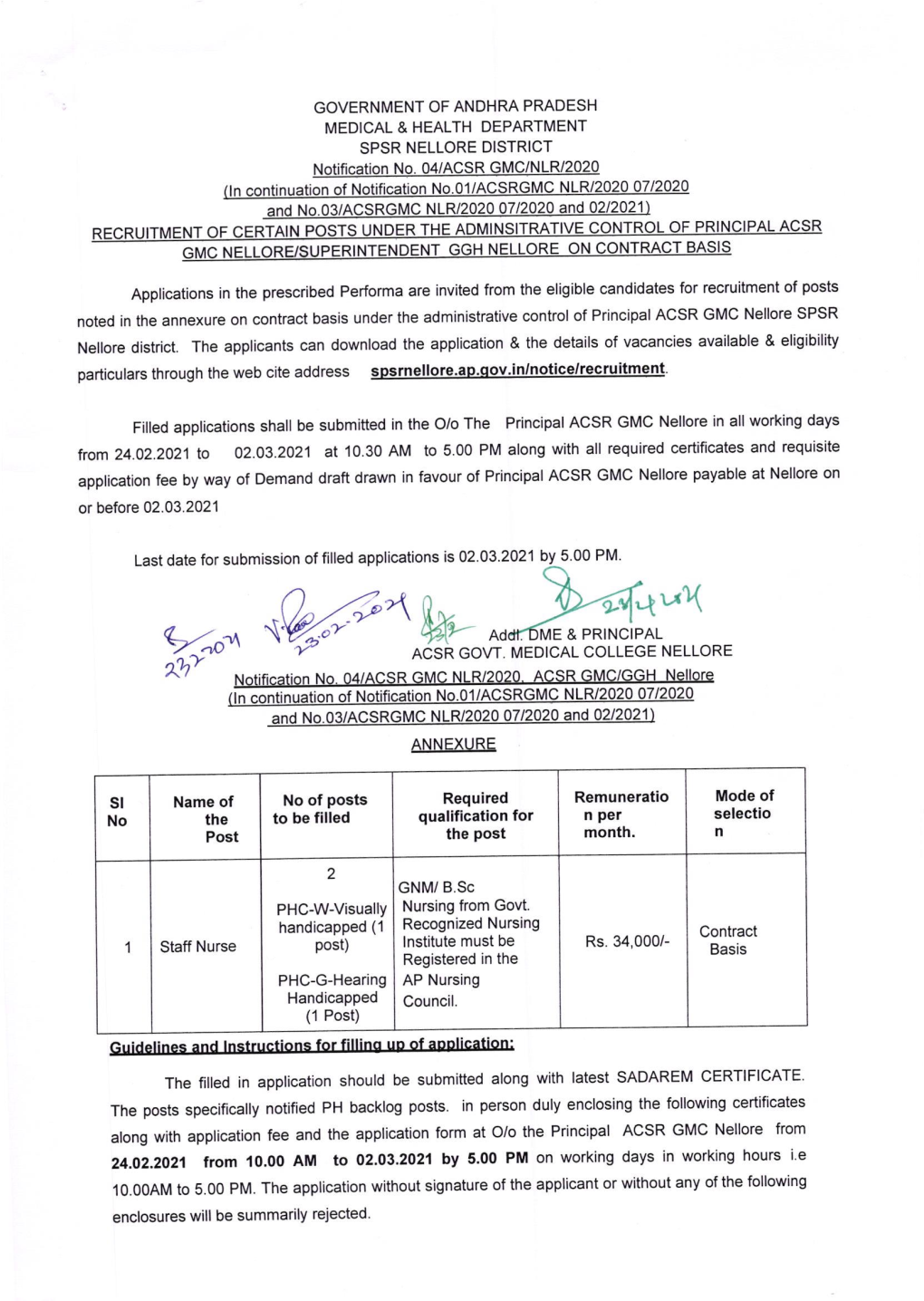 NELLORE DISTRICT Notification N O, O4IACSR G LR/2020 (Ln Continuation of N Otification No