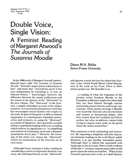 Double Voice, Single Vision: a Feminist Reading of Margaret Atwood's the Journals of Susanna Moodie