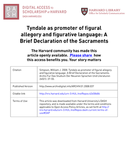 Tyndale As Promoter of Figural Allegory and Figurative Language: a Brief Declaration of the Sacraments