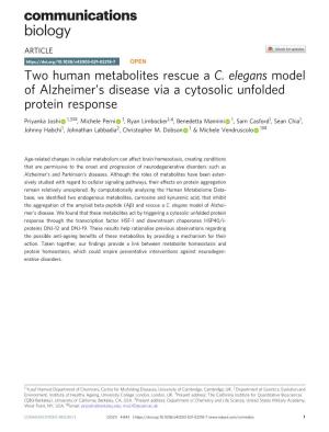Two Human Metabolites Rescue a C. Elegans Model of Alzheimerâ€™S