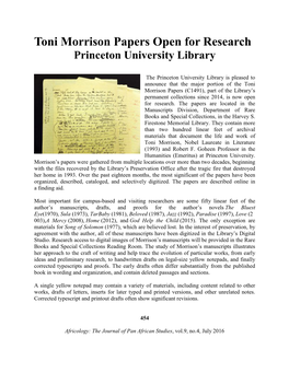 Toni Morrison Papers Open for Research Princeton University Library