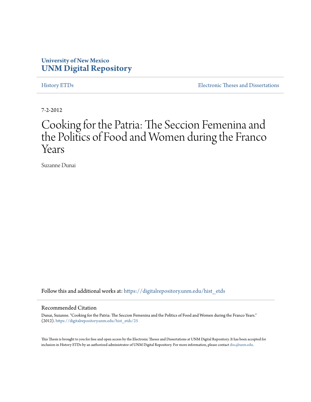 Cooking for the Patria: the Seccion Femenina and the Politics of Food and Women During the Franco Years