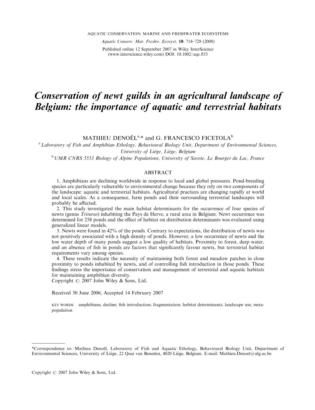 Conservation of Newt Guilds in an Agricultural Landscape of Belgium: the Importance of Aquatic and Terrestrial Habitats