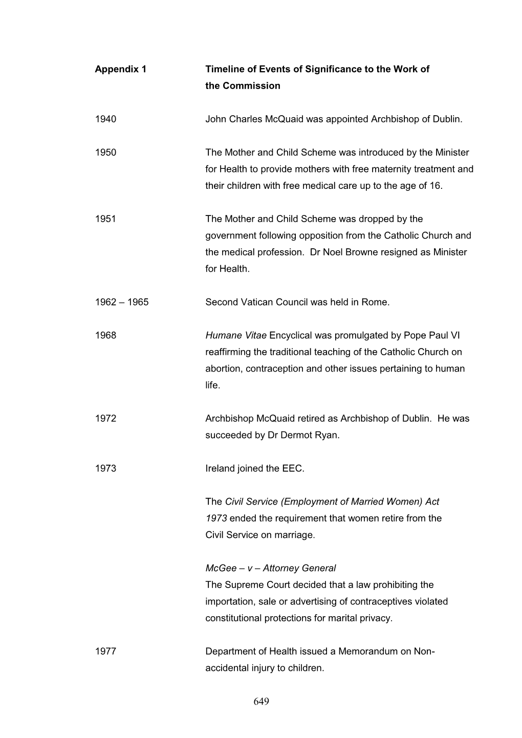 Appendix 1 Timeline of Events of Significance to the Work of the Commission
