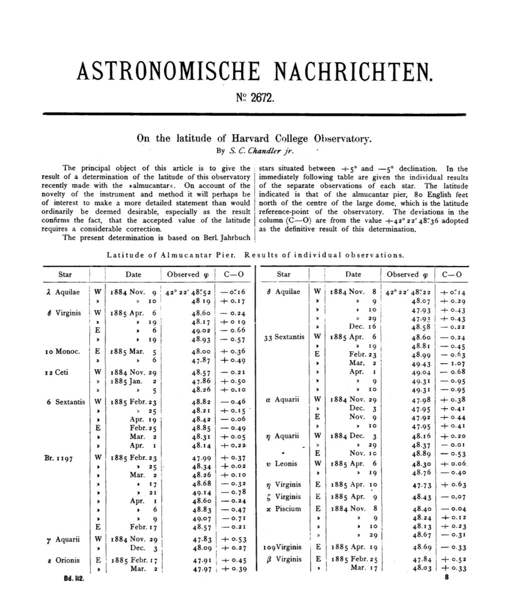 On the Latitude of Harvard College Observatory