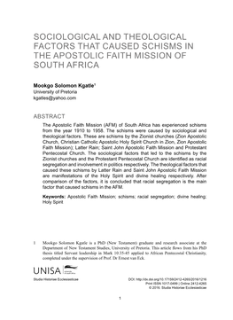 Sociological and Theological Factors That Caused Schisms in the Apostolic Faith Mission of South Africa