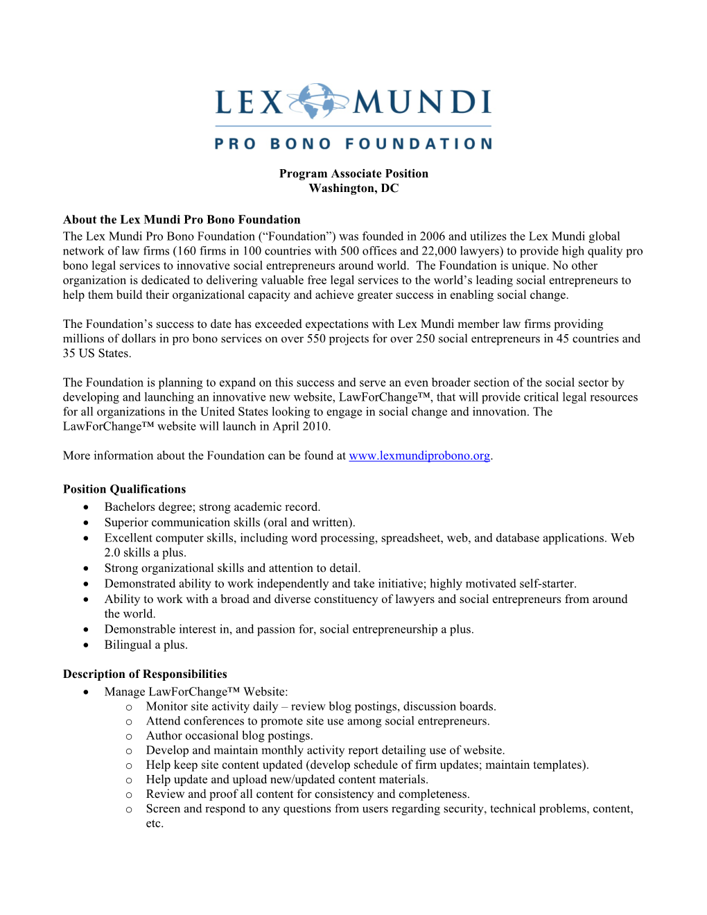 Program Associate Position Washington, DC About the Lex