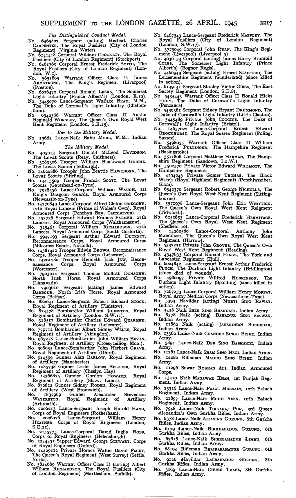 Supplement to the London Gazette, 26 April, 1945 2217