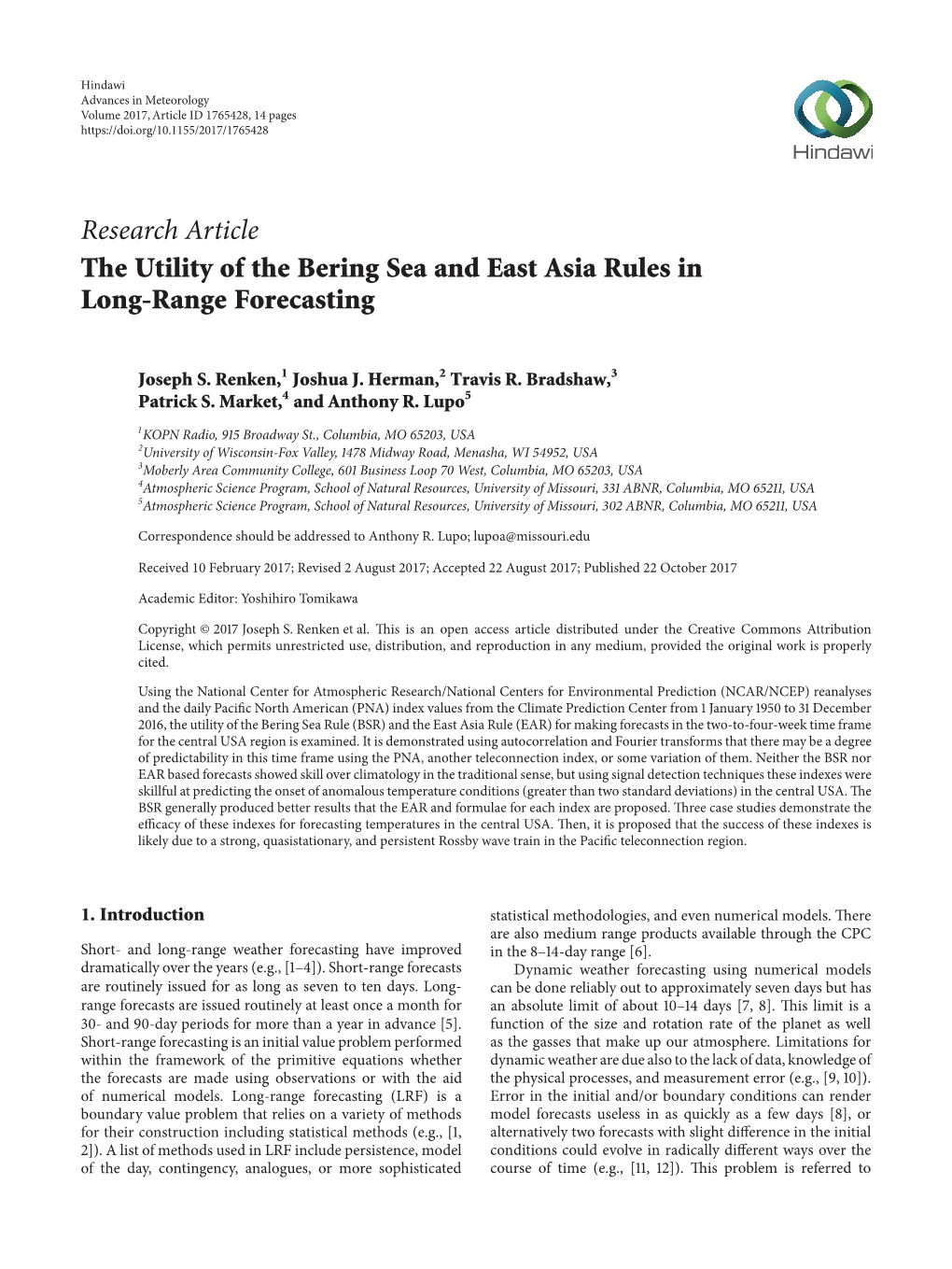 Research Article the Utility of the Bering Sea and East Asia Rules in Long-Range Forecasting