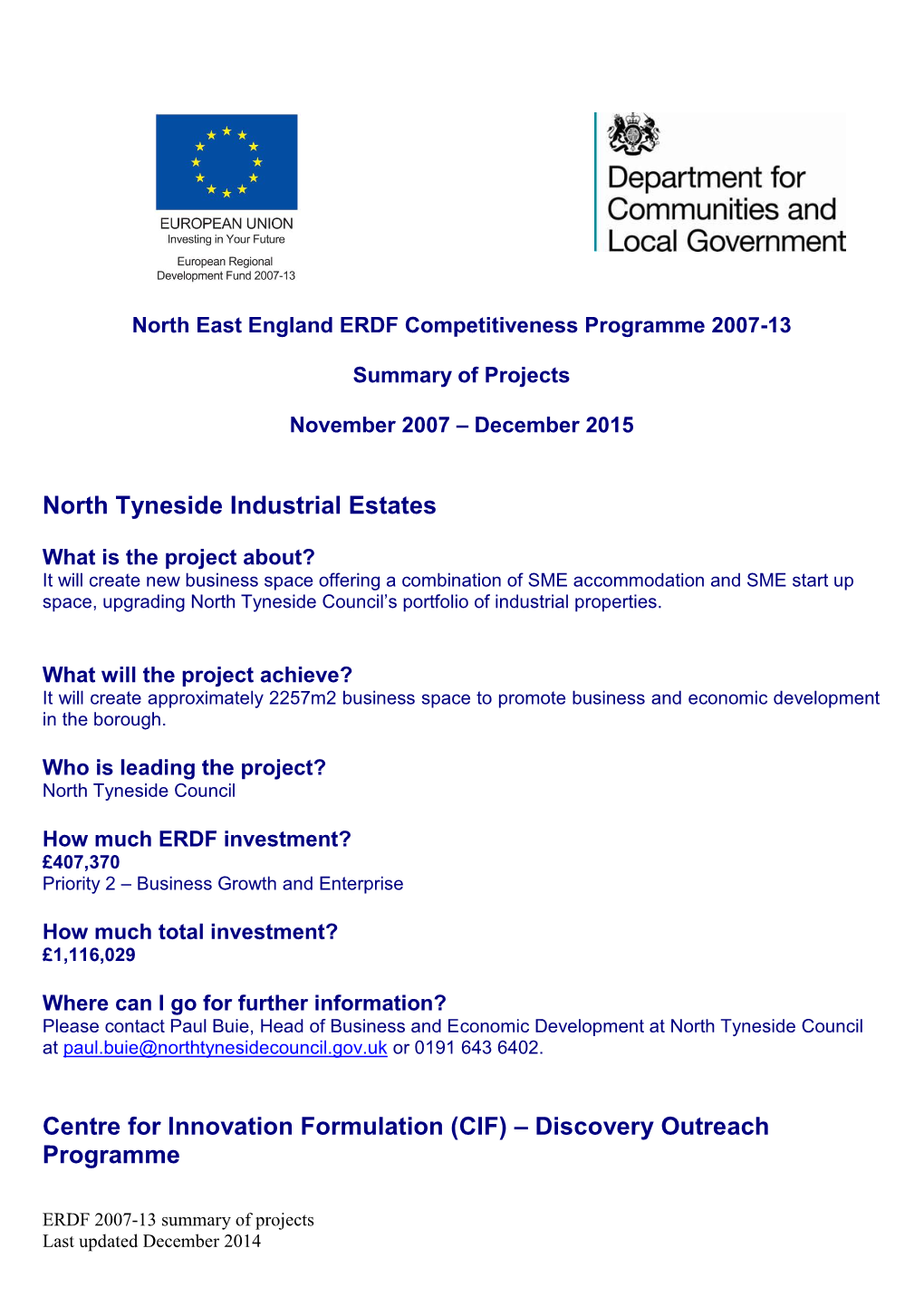 ERDF North East Summary of Projects December 2015