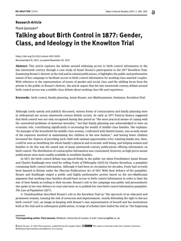 Talking About Birth Control in 1877: Gender, Class, and Ideology in the Knowlton Trial