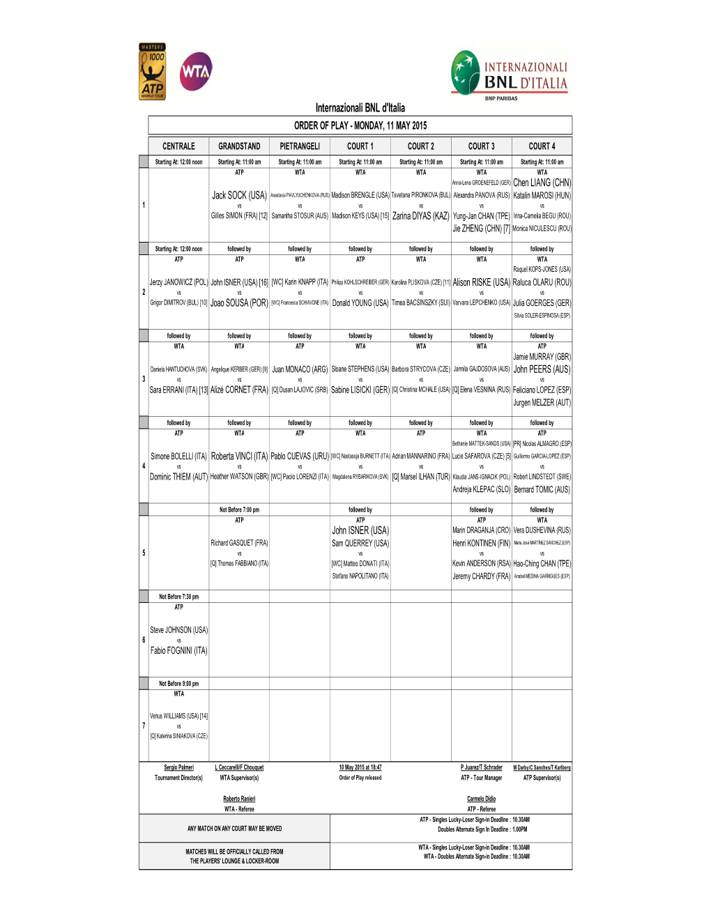 Internazionali BNL D'italia ORDER of PLAY - MONDAY, 11 MAY 2015