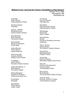 Midwest Forum: Securing Our Futures: Possibilities Or Pipe Dreams? October 16-18, 1998 Minneapolis, MN Participant List