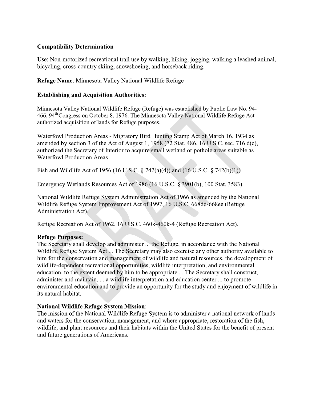 Compatibility Determination Use: Non-Motorized Recreational Trail Use by Walking, Hiking, Jogging, Walking a Leashed Animal