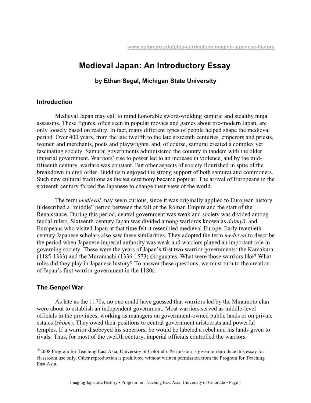 Medieval Japan: an Introductory Essay